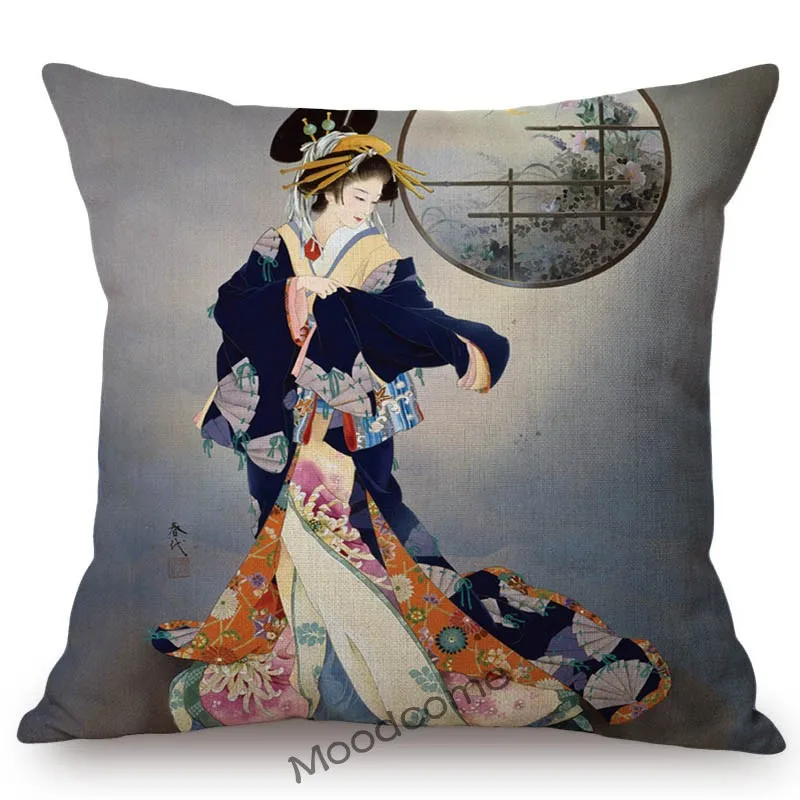 Ancient Japanese Traditional Geisha Oil Painting Art Home Decorative Sofa Throw Pillow Case Beautiful Girl Linen Cushion Cover