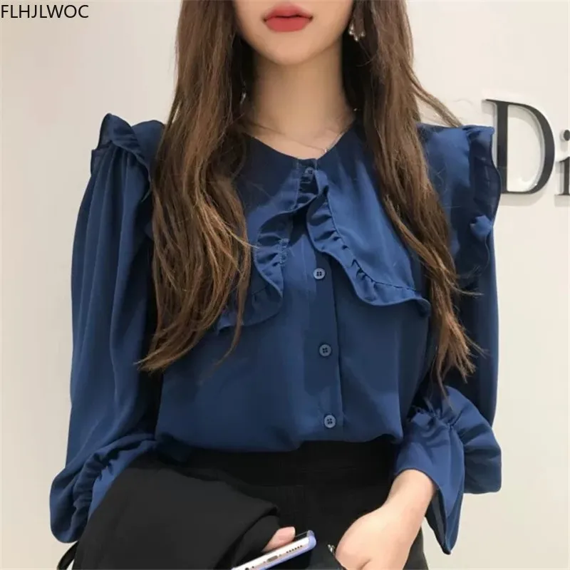 Chic Korea Fashion Women Flare Sleeve Cute Sweet Peter Pan Collar Tops Solid Single Breasted Button Shirts