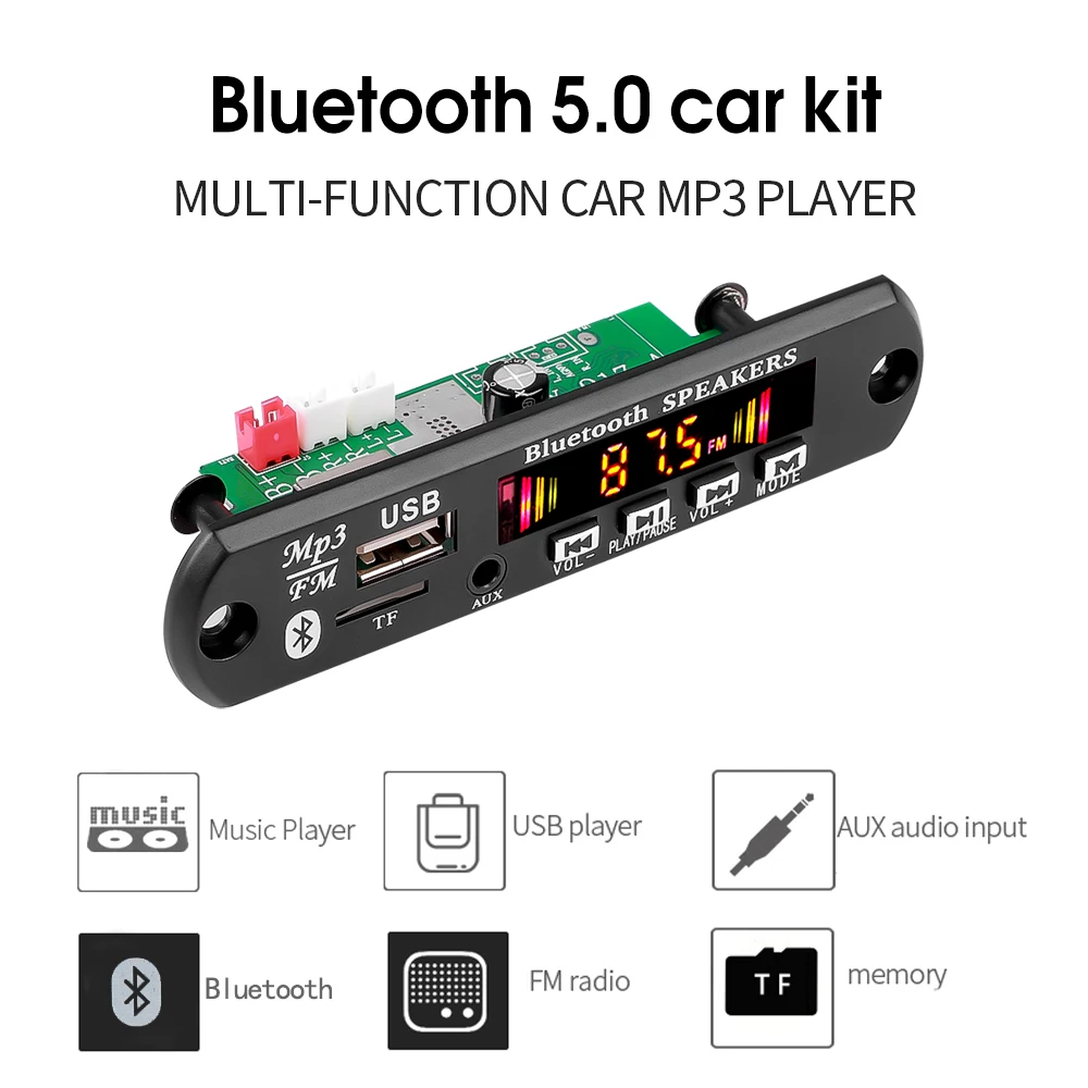 차량용 FM 라디오 모듈 스테레오 블루투스 5.0, MP3 플레이어 디코더 보드, TF USB AUX 레코더 지원, 2*25W 스테레오, 12V, 50W 앰프