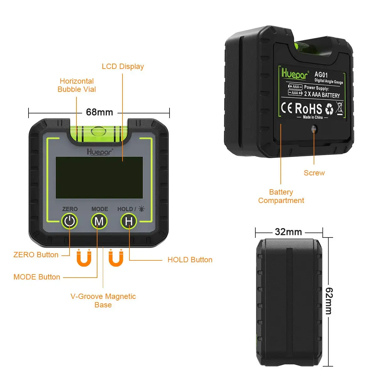 Huepar Digital Inclinometer Level Box Gauge Angle Meter Finder Electronic Protractor Backlight LCD Bevel Gauge Measuring Tools