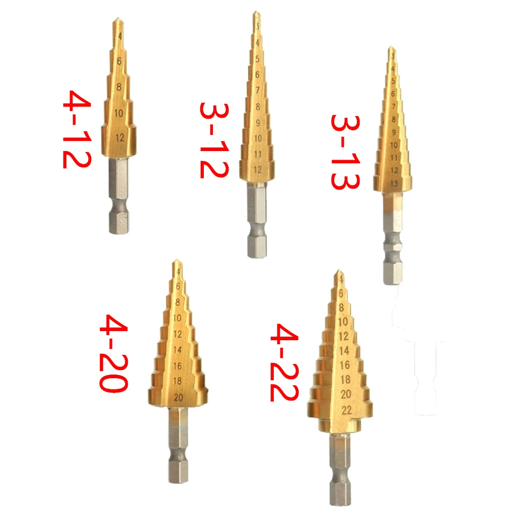 

1PCS 3-13 4-12/20/22mm Titanium Coated Pagoda Shape Step Drill Bit Triangle Shank Hole Drill Cone Drill Bit Step Drill