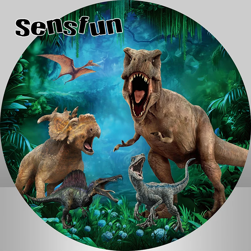 Sensfun Round Circle Jurassic Dinosaur Party Photography Backdrop Kids Safari Jungle Forest Birthday Background Plinth Covers