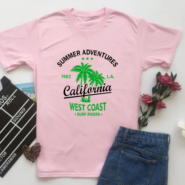 Graphic Tees for Women Cotton Short Sleeve Tee Woman T-Shirts Female Shirt Tops Summer Adventure West Coast Beach Surf Tree