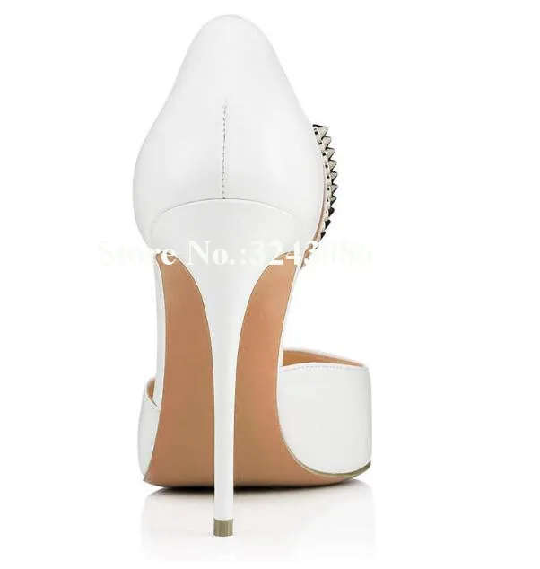 Women Rivets Stiletto Heel Pumps Shoes Fashion Pointed Toe Black White Leather PVC Patchwork Single Shoes Lady Large Size Shoes image 6
