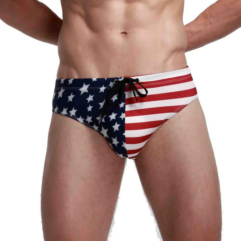 Men Bikini Briefs with American Flag Printing Underwear Quick Drying Trunks Sexy Beach Swimsuits Hot Penis Pouch Male Panties