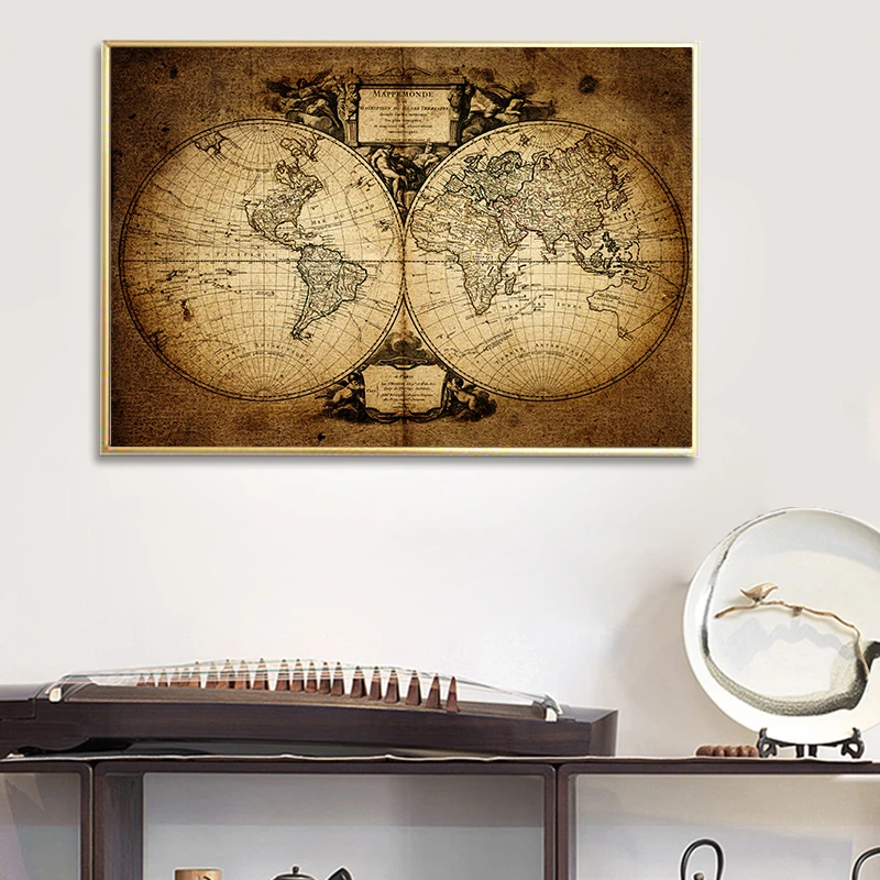 French Retro Vintage Large Old World Map Poster Print Art,17th Century World Map Poster Print,Great Gifts for Home and Office