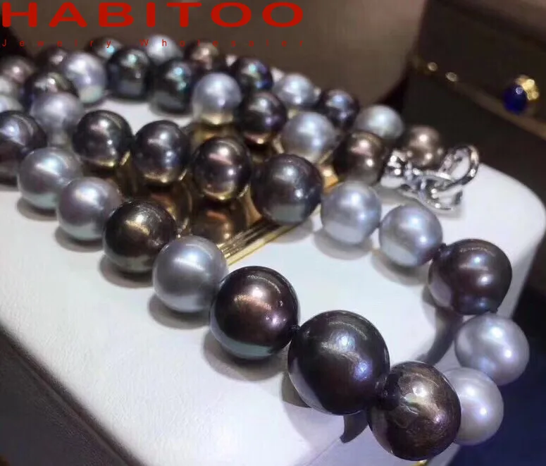 HABITOO Natural 11-12mm Black Gray Freshwater Pearl Necklace Elegant Vintage Statement Pearl Choker Necklace Charm Gifts