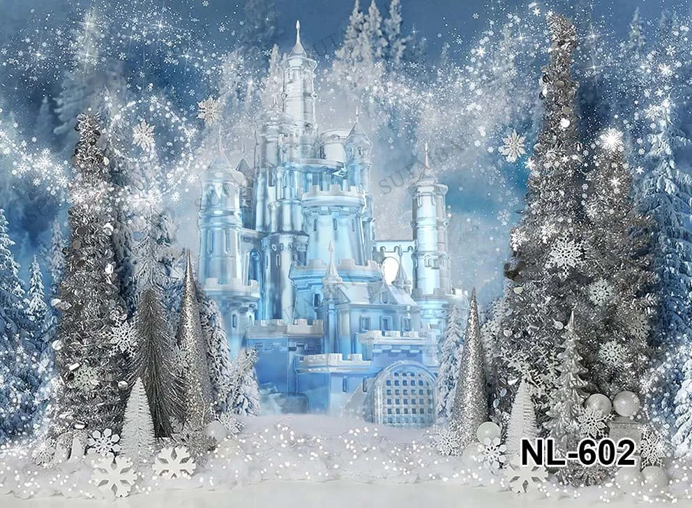 Winter Wonderland Christmas Backdrops Ice Castle Snow Winter Snow Landscape Background Frozen Pine Tree Forest Photo Background