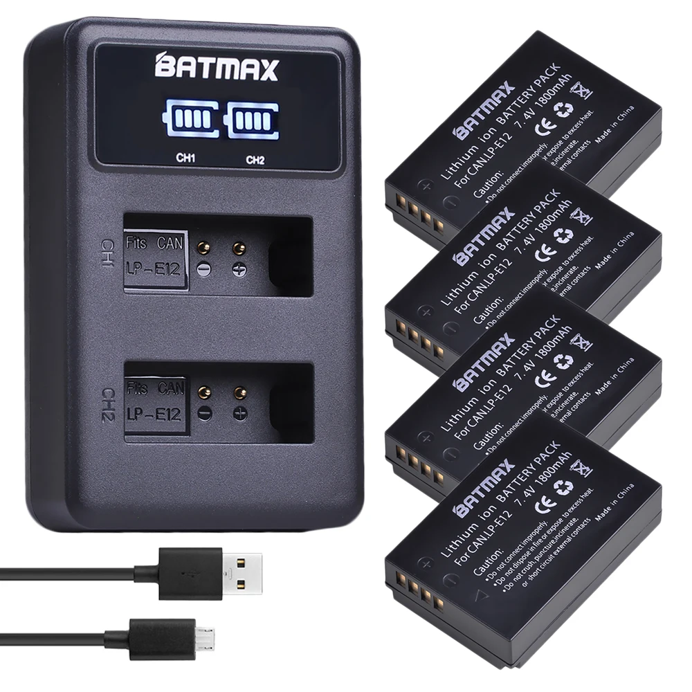 Batmax 1800mAh LP-E12 LPE12 LP E12 bateria + LED ładowarka z podwójnym portem USB do Canon EOS 100D pocałunek X7 Rebel SL1 EOS M10 lustrzanki cyfrowe