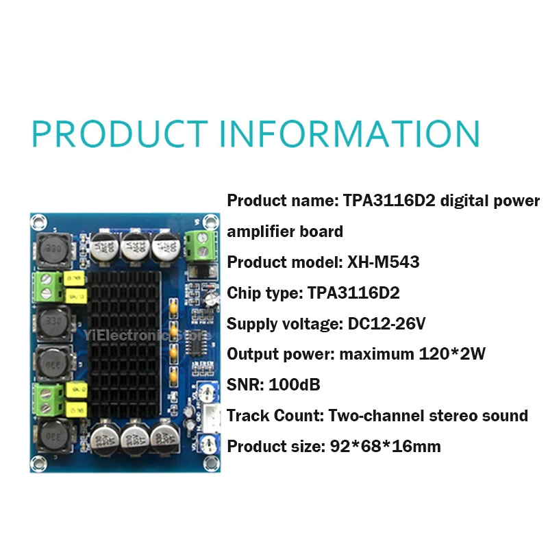 2*120W XH-M543 High Power Digital Power Amplifier Board TPA31-16D2 Chip Audio Amplifier Module Solid Double Channel DC 12-26V