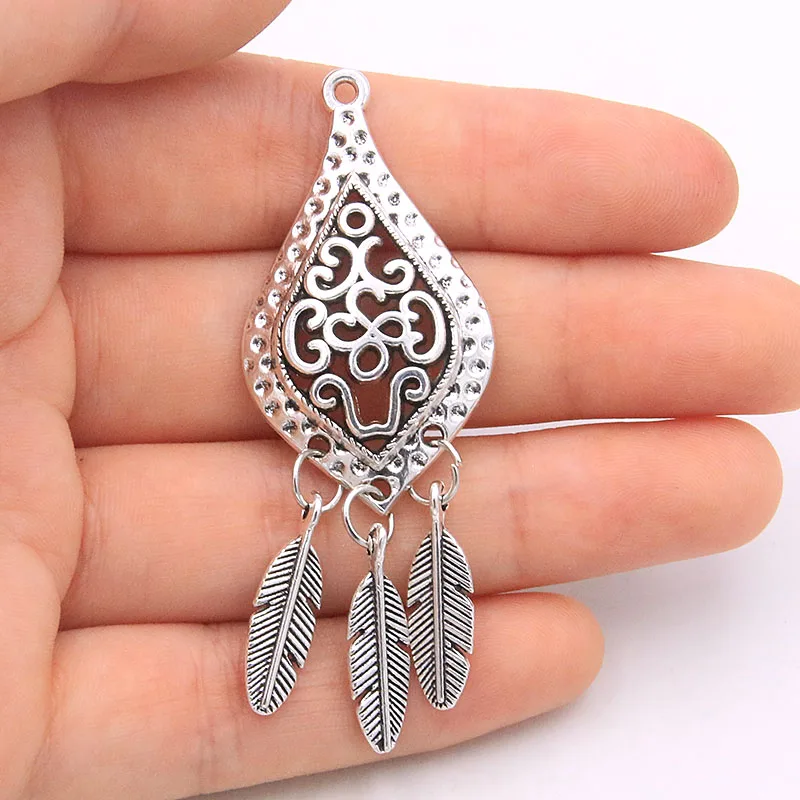 4Pcs 22*62MM Metal Alloy Two Color Hollow Charm Feather Wings Dream Catcher Tree Leaf  Necklace Pendant For Diy Handmade