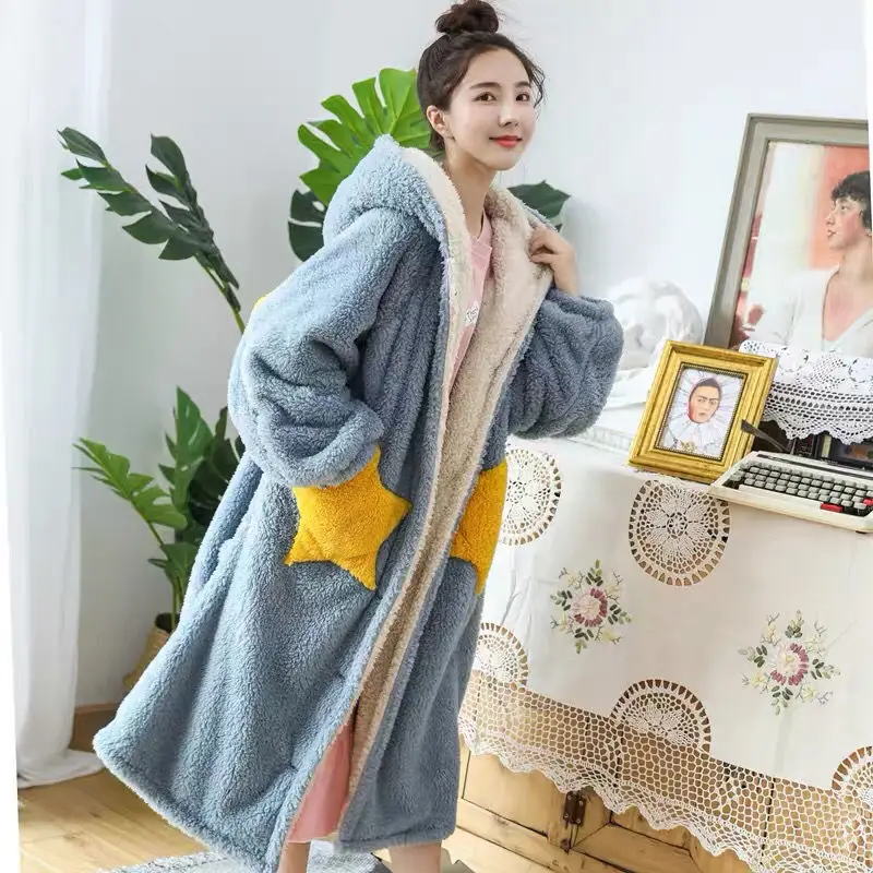 Winter Dicke Korallen Fleece Nachtwäsche Robe Winter Frauen Mit Kapuze Nachthemd Kimono Bad Kleid Lose Flanell Lange Nachthemd Startseite Tragen