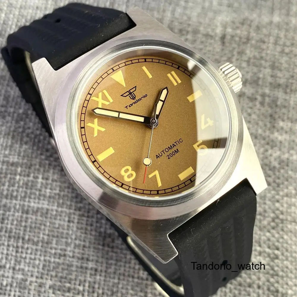 38mm Tandorio Brushed Case Brown Black California Dial Sapphire Glass 200m NH35 PT5000 Luminous Automatic Men Watch Waffle Strap