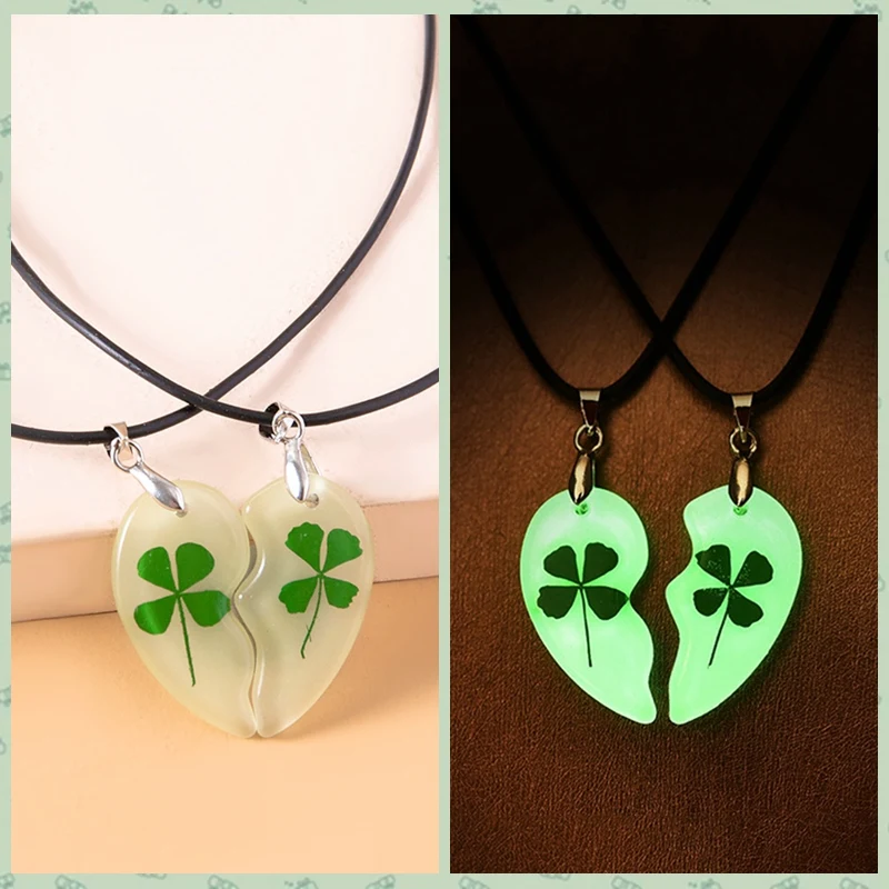 2 Pcs/Set Fashion Natural Four Leaf Clover Luminous Necklace Heart Pendants Glow In The Dark Necklaces