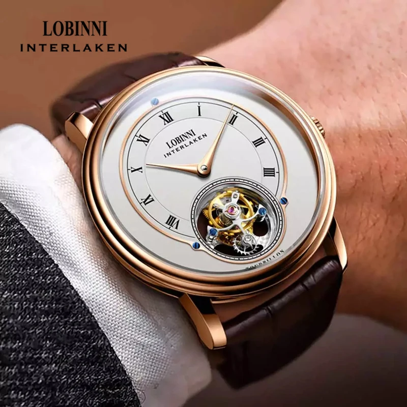 LOBINNI Luxury Real Tourbillon Men's Mechanical Watches 316L Stainless Steel Case Double-Sided Sapphire Glass Waterproof Watch