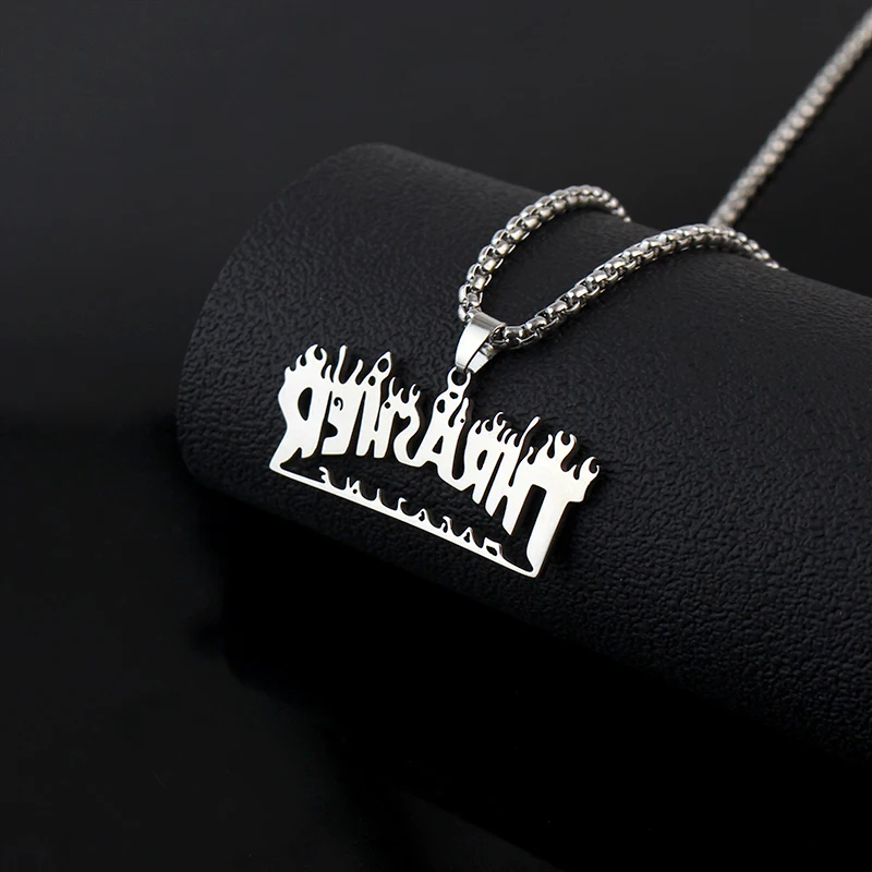 All Stainless Flame Fire Cool Street Hip-Hop Rock Necklace Magazine Thrasher Letter Fashion Women Men Girl Boy Jewelry