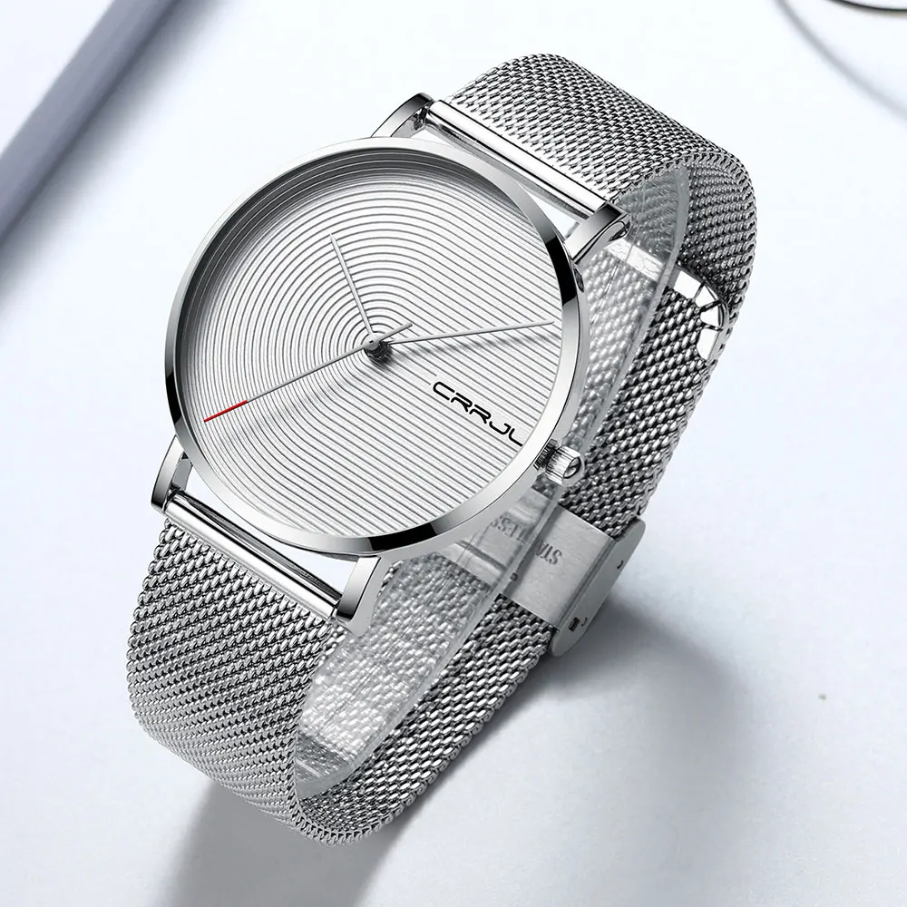 CRRJU Men Watch Luxury Fashion Ultra-thin Mesh Strap Watch Casual Silple Waterproof White Men Quartz Wristwatch Gift for Men