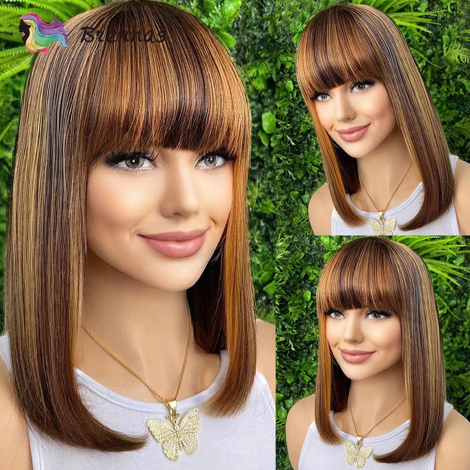 Highlight Straight Bob Wig With Bangs Density180 Honey Blonde Wear And Go Highlight Straight Human Hair Bob Wigs For Black Women