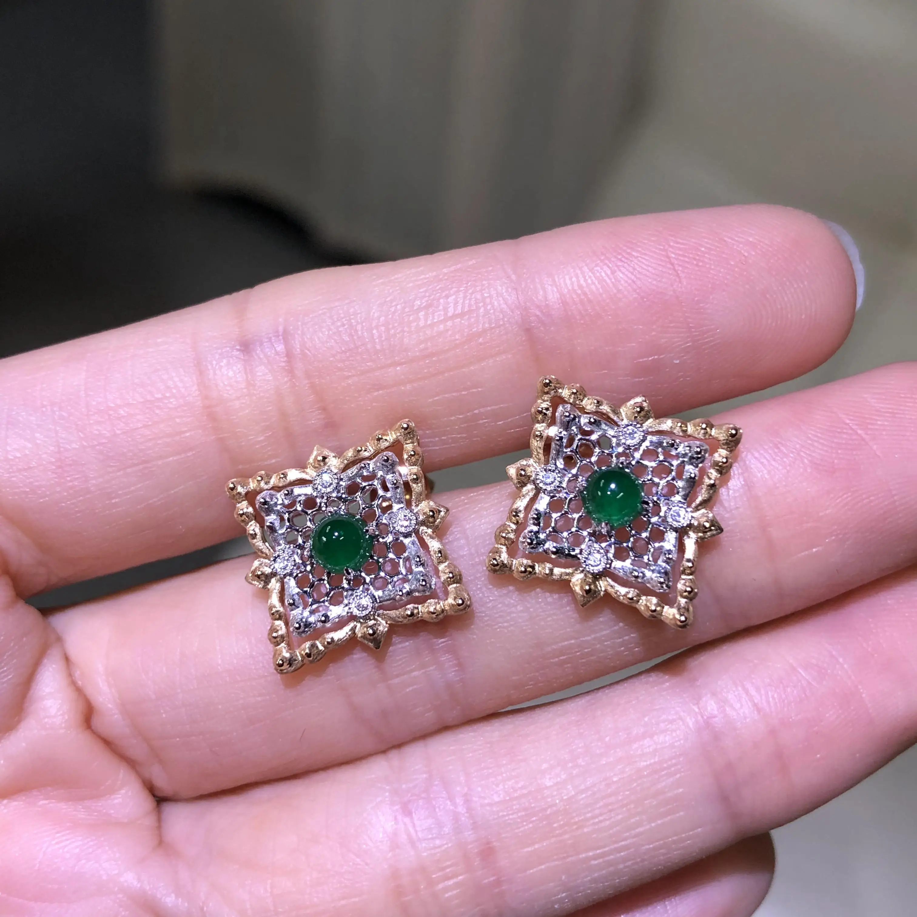 Caimao Vintage Jewels Solid 18k Gold Natural Cabochon cut Emerald Diamond Engagement Earrings Studs