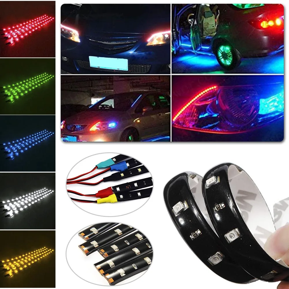 Impermeável flexível LED Strip, Super Brilhante, Car Styling Decor, Adesivos Lâmpada, Vermelho, Verde, Azul, Branco, Branco Quente, SMD3528, 30cm, 2