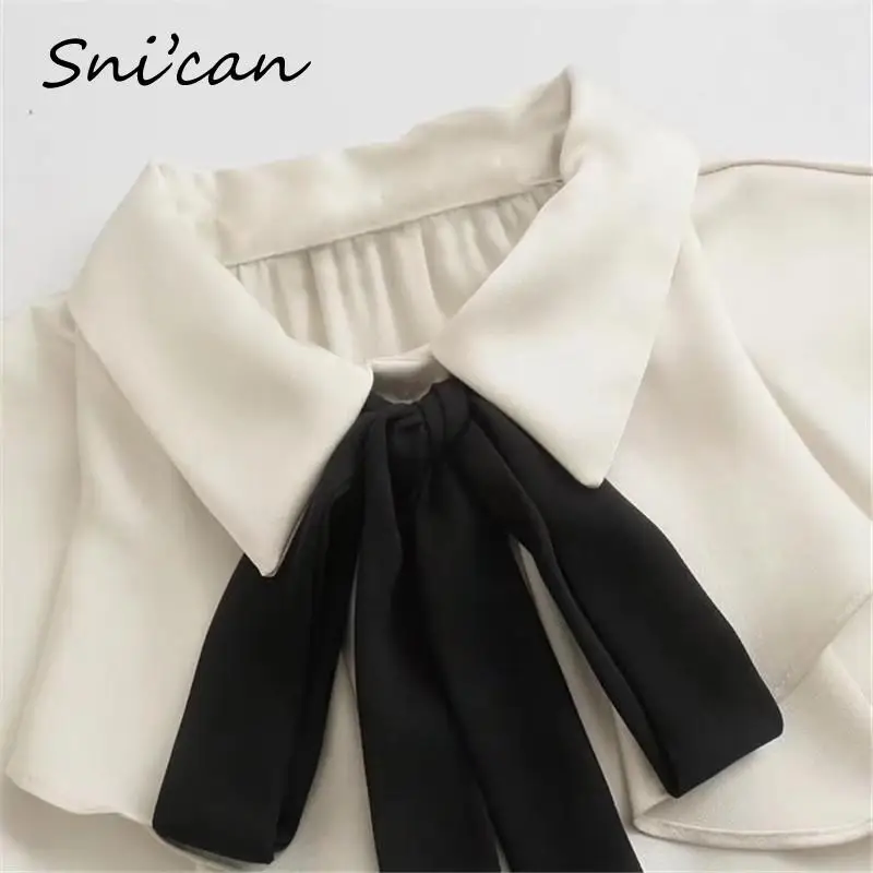 Solid Ruffle Blouse With Black Bow Fashion Office Ladies Satin Shirts Female Femme Chandails Women Fashion Chic Tops Snican