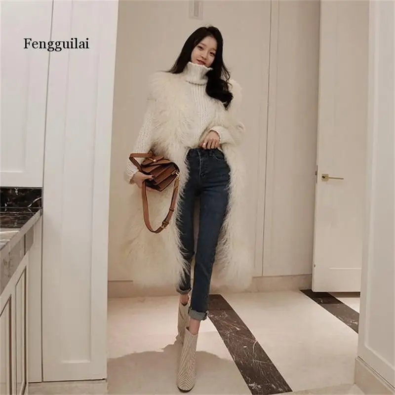 

Fashion Autumn Winter Warm Soft Women Faux Fur Coat Sleeveless White And Black Solid Long Fur Vest Female Jacket