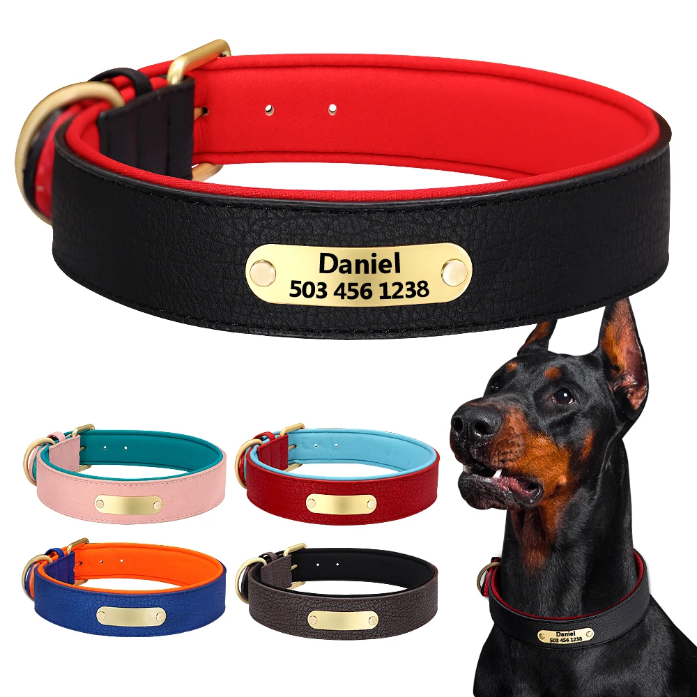 

Leather Dog Collar Personalized Custom Dogs Name Collars 2 Layer Padded Dog Tag Collars Adjustable for Small Medium Large Dogs