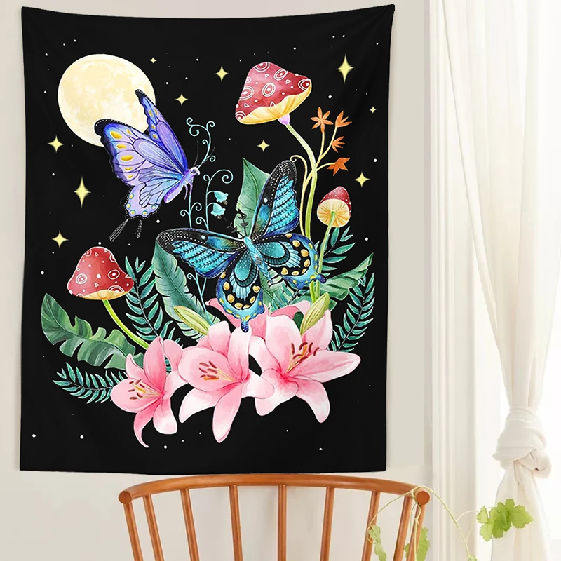 Trippy Butterfly Mushroom Tapestry Sun Moon Wall Hanging Black Mystical Floral Plants for Bedroom Dorm Apartment Boho Decor