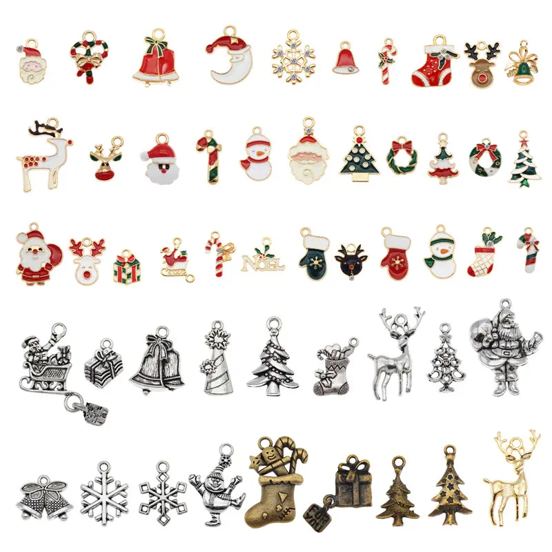 Julie Wang 10PCS Christmas Charms Random Mixed Enamel And Alloy Santa Claus Tree Bell Hat Pendant Jewelry Making Accessory