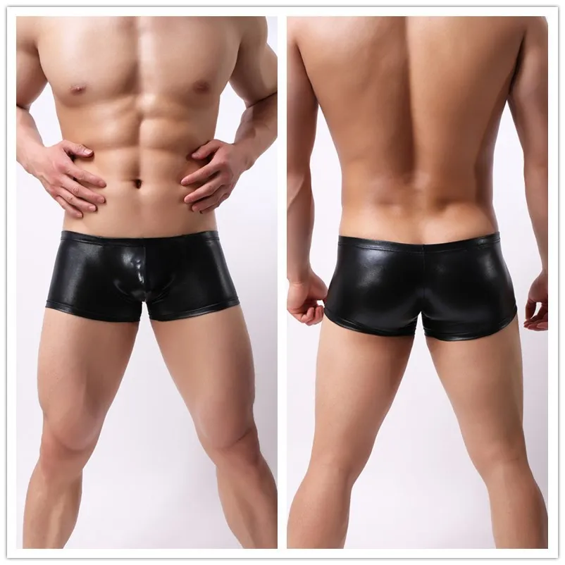 Boxer de couro brilhante para homens, U bolsa convexa, patente, Wetlook, troncos brilhantes, cuecas legais, shorts de cueca