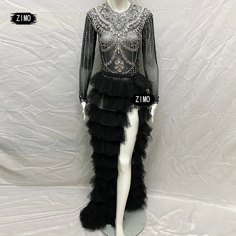 Black crystal Bodysuit Shiny Rhinestones Transparent Long Tail Skirt sexy Prom club Party birthday outfits Stage drag queen rave