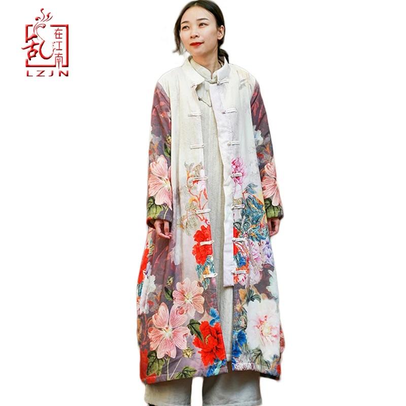 

LZJN Women Winter Coat Floral Printed Trench Coat Windbreaker Female Coats Vintage Chinese Style Fleece Lined Warm Long Overcoat