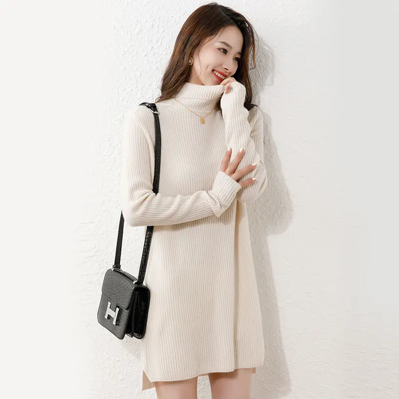 

Women's 100% Wool Dress Autumn & Winter Cashmere Long Sweaters Ladies Turtleneck Knit Dress Pullovers Pure Wool Knit Clothes