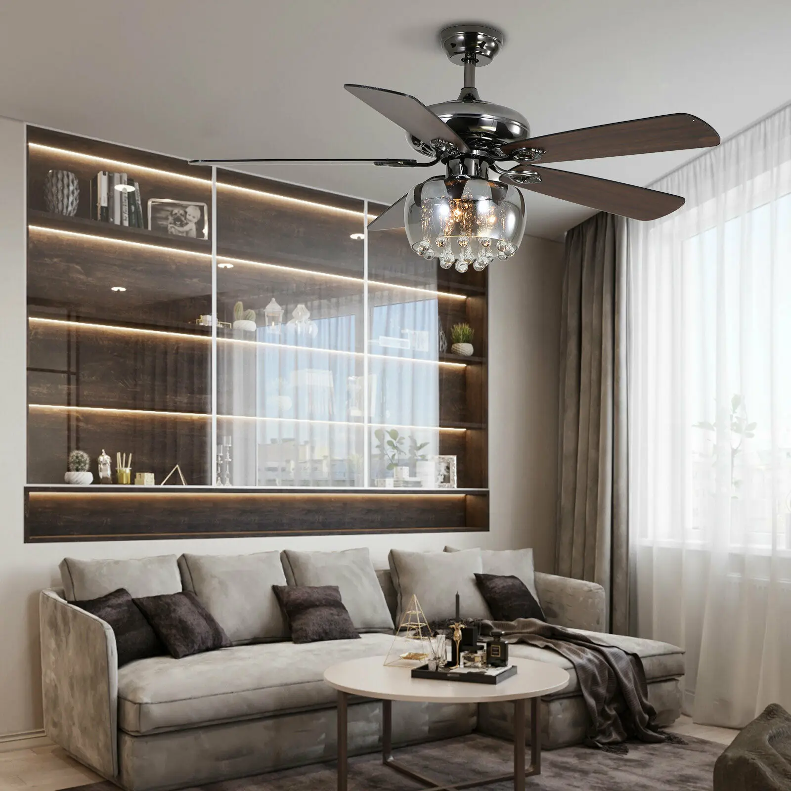 Moderno cristal ventilador de teto com controle remoto, jantar e sala aplicação, 5 lâminas, Pearl Black, 52 polegadas