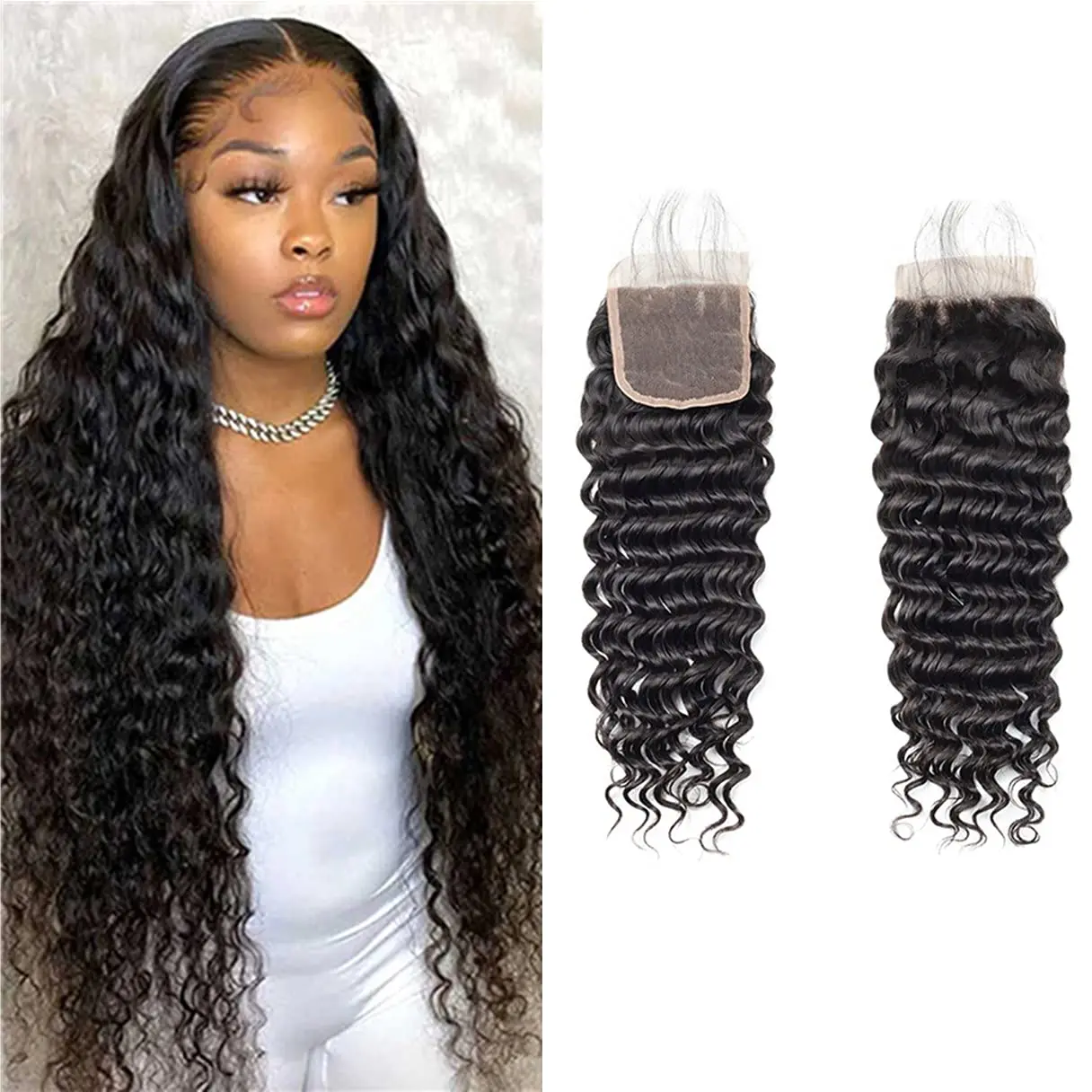 

Puromi Brazilian Deep Wave 4x4 Lace Closure 100% Unprocessed Human Remy Hair Deep Curly Free Part Closure Pre-Plucked Hairline