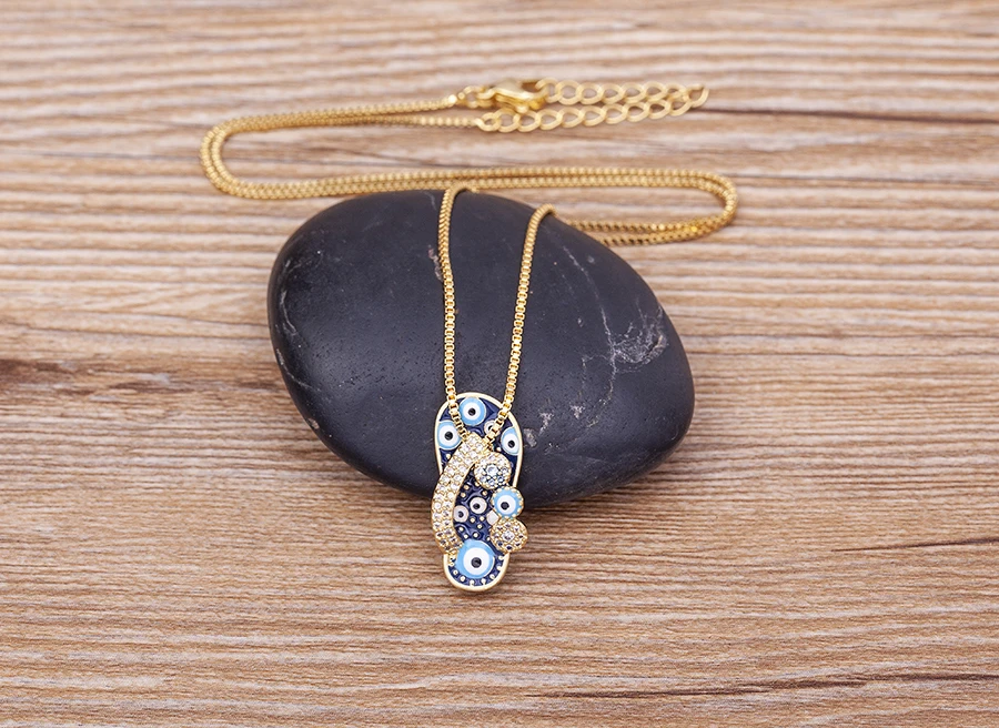 Nidin Mirco Pave CZ Rhinestone Enamel Slipper Pendant For Women Blue Evil Eye Necklace Chain Gold Plated Party Summer Jewelry