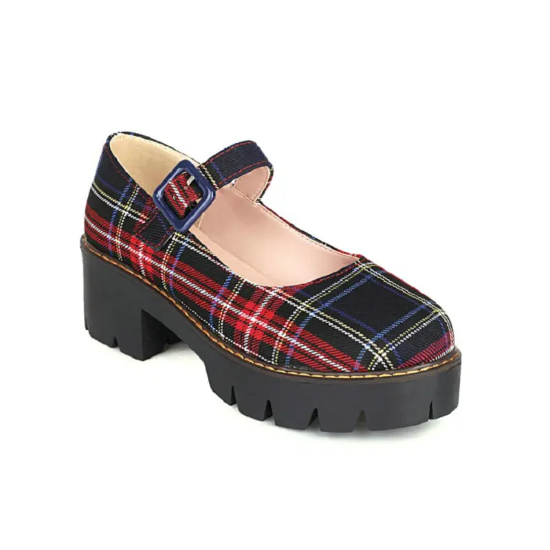 Sianie Tianie Japanese Style Students Girls Shoes Scotland Plaid Checker Round Toe Retro Ladies Pumps Chunky Heels Mary Janes