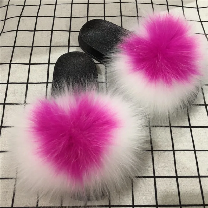 Rainbow Color Slippers Soft Comfortable Fluffy Fur Slippers Open Round Toe House Slides Shoes For Ladies Winter Slipper Women