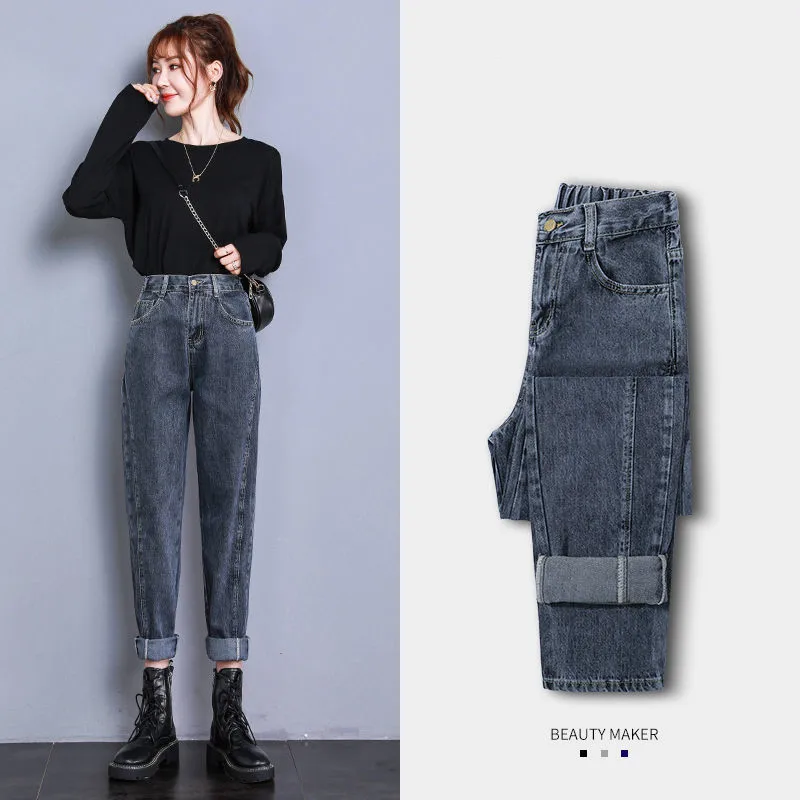 

Autumn Winter Women's Straight Pants High Waist Female Loose Casual Harem Jeans Large Size Daddy Pants Denim Trousers Q114