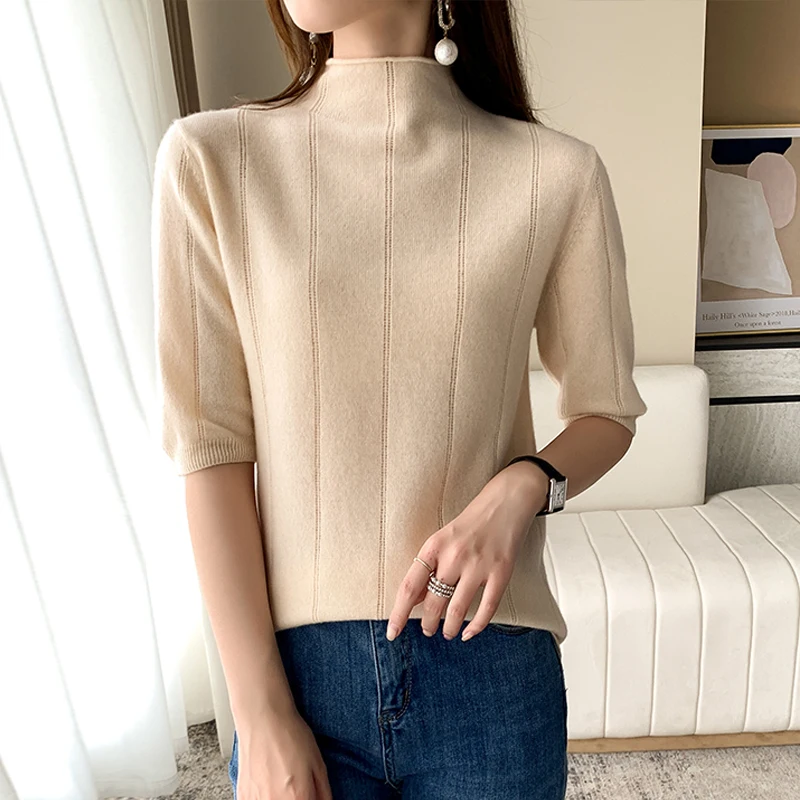 100% Pure Wool Half-sleeved Sweater Autumn Spring New Fashion Women Half High Neck Pullover Casual Knitted Tops Women Sweater