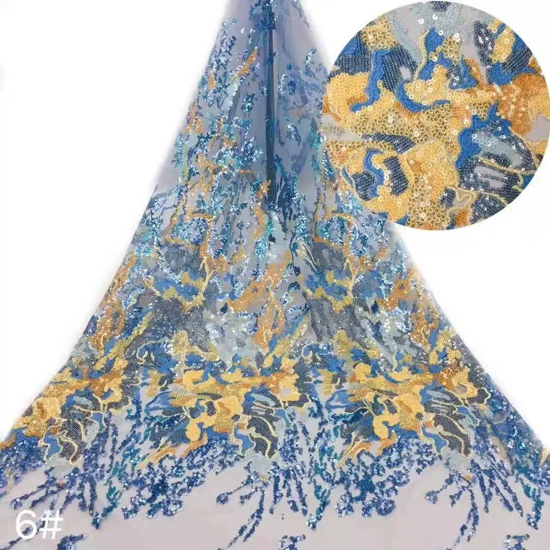 

High quality colorful sequins Embroidered French Mesh Fabric Nigeria Lace Wedding /Evening Dress Skirt 5 yards