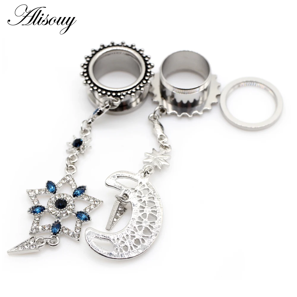 Alisouy 2pcs Star Moon Pendant Stainless Steel Ear Gauges Plugs Tunnels Expander Flesh Stretched Earrings Piercing Body Jewelry image 3