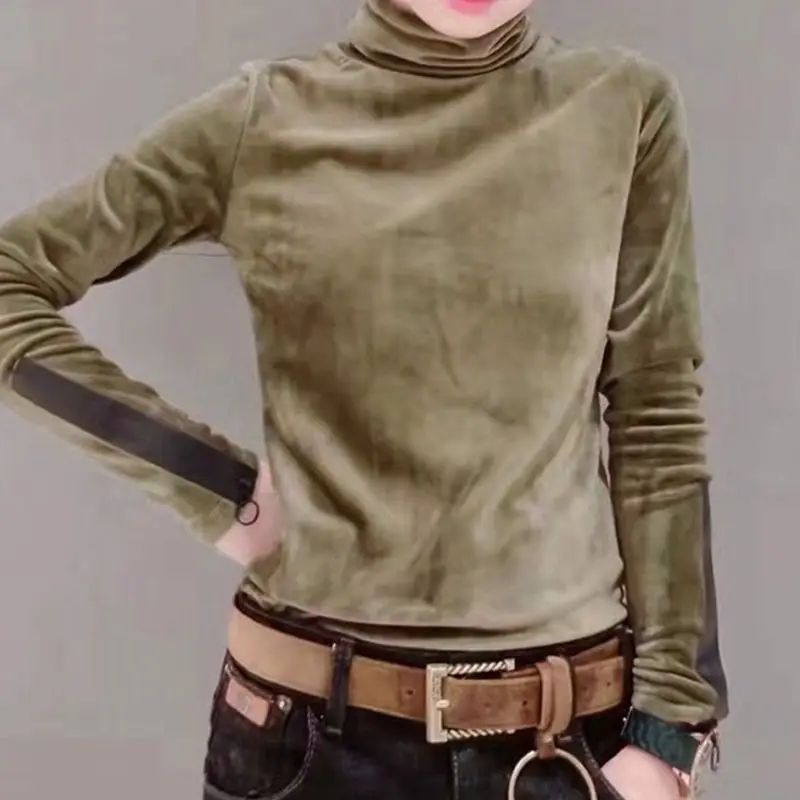 European Stations Fall and Winter Warm Velvet Collar High Collar Hedging Wild Shirt Long Sleeve Female