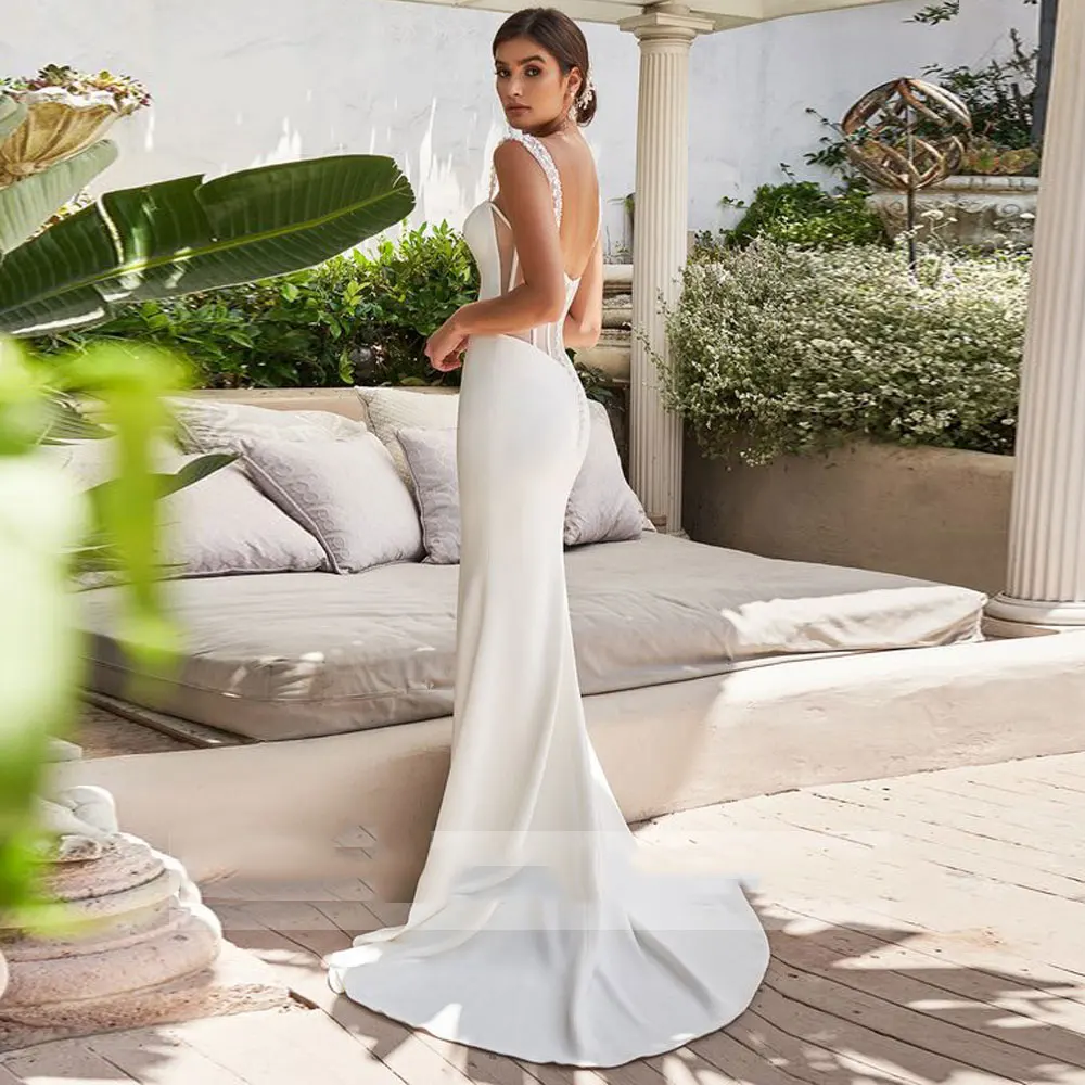 Abiti da sposa eleganti a sirena Sexy pieghe perline scollo a v senza maniche abiti da sposa senza schienale Spaghetti Sweep Train Robe De Marie