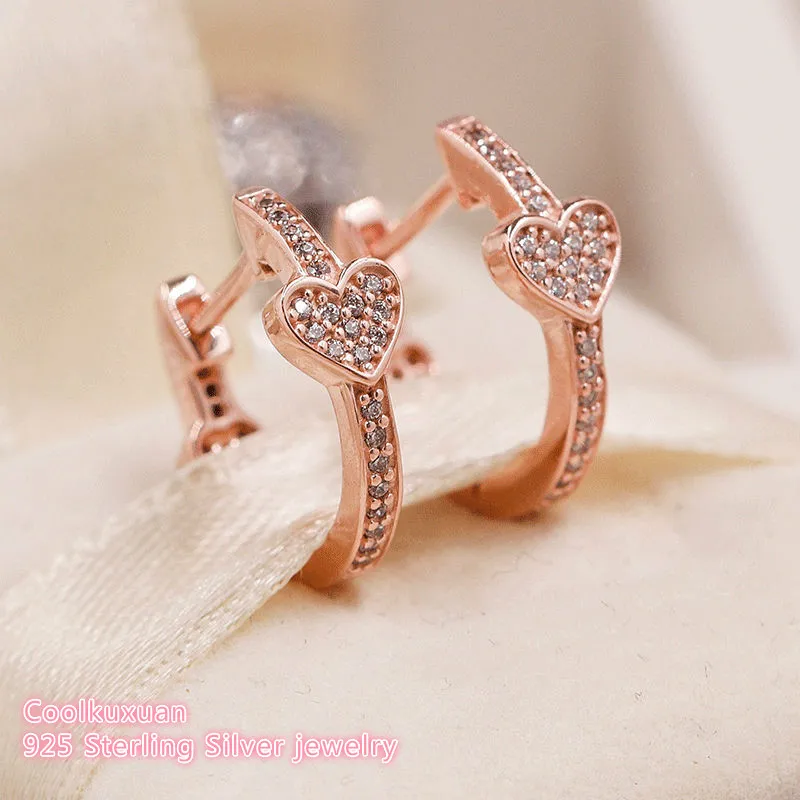 

Autumn 100% 925 Sterling Silver Alluring Hearts Earrings, Rose Gold & Clear CZ Original European Style Brand Jewelry