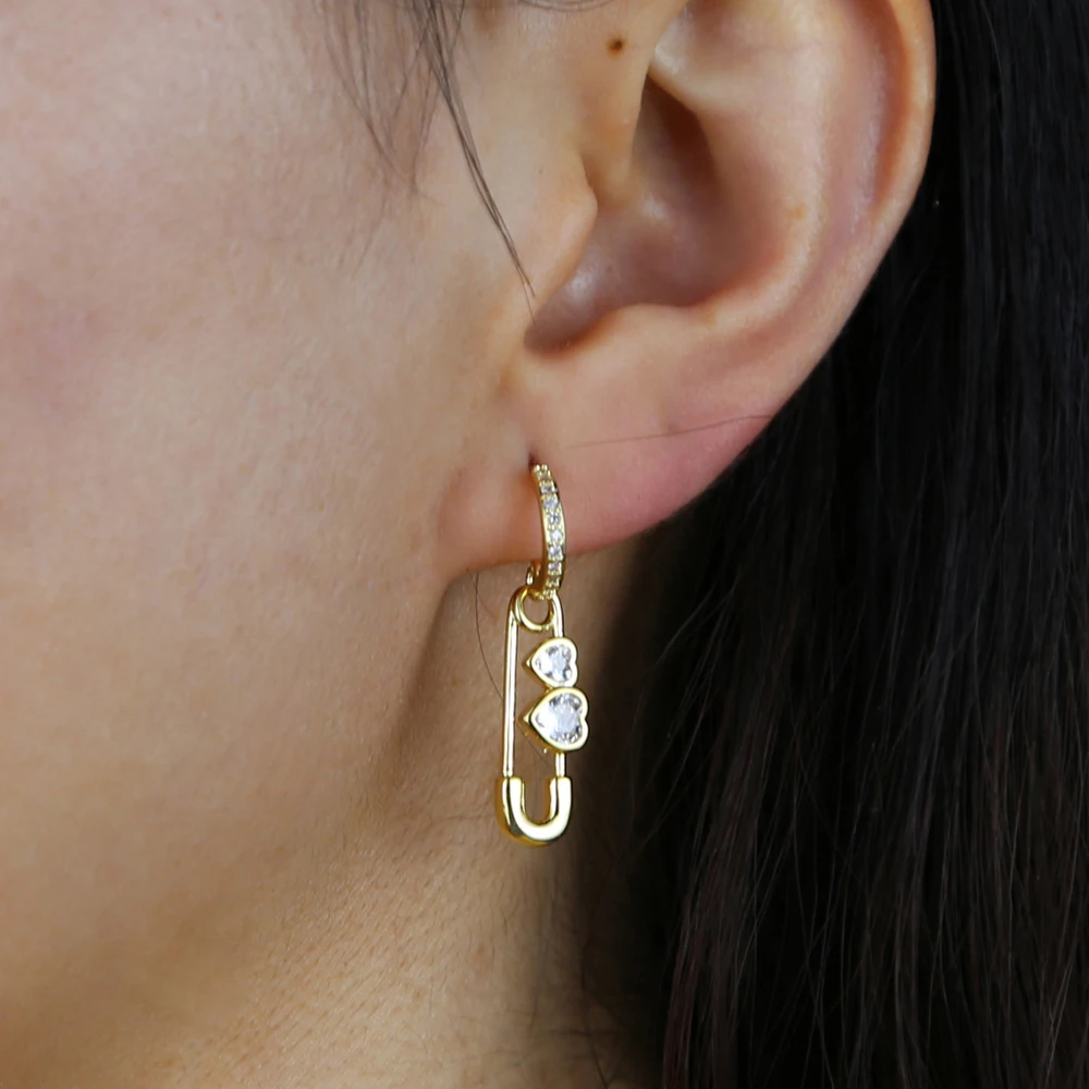 New safety pin dangle tassel earring for women lady drop ship wedding dangle earring jewelry with bling cz paved jewelry