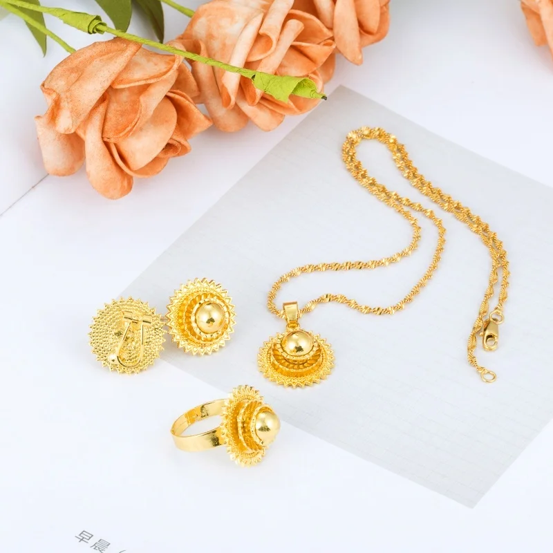 Ethiopian Necklace Earrings Ring Set African Bridal Jewellery sets Habesha Eritrea Wedding Small Jewelry set Dubai Jewelry