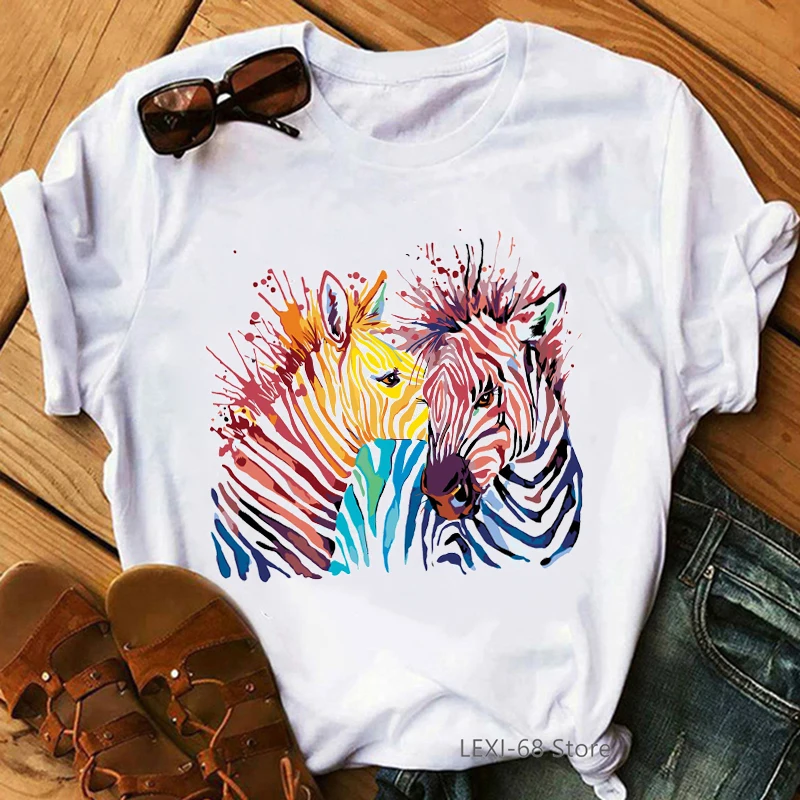 Watercolor Giraffe Zebra Elephant Dinosaur Unicorn Animal Print T-Shirt Women Funny Tshirt Femme Harajuku Kawaii Clothes T Shirt