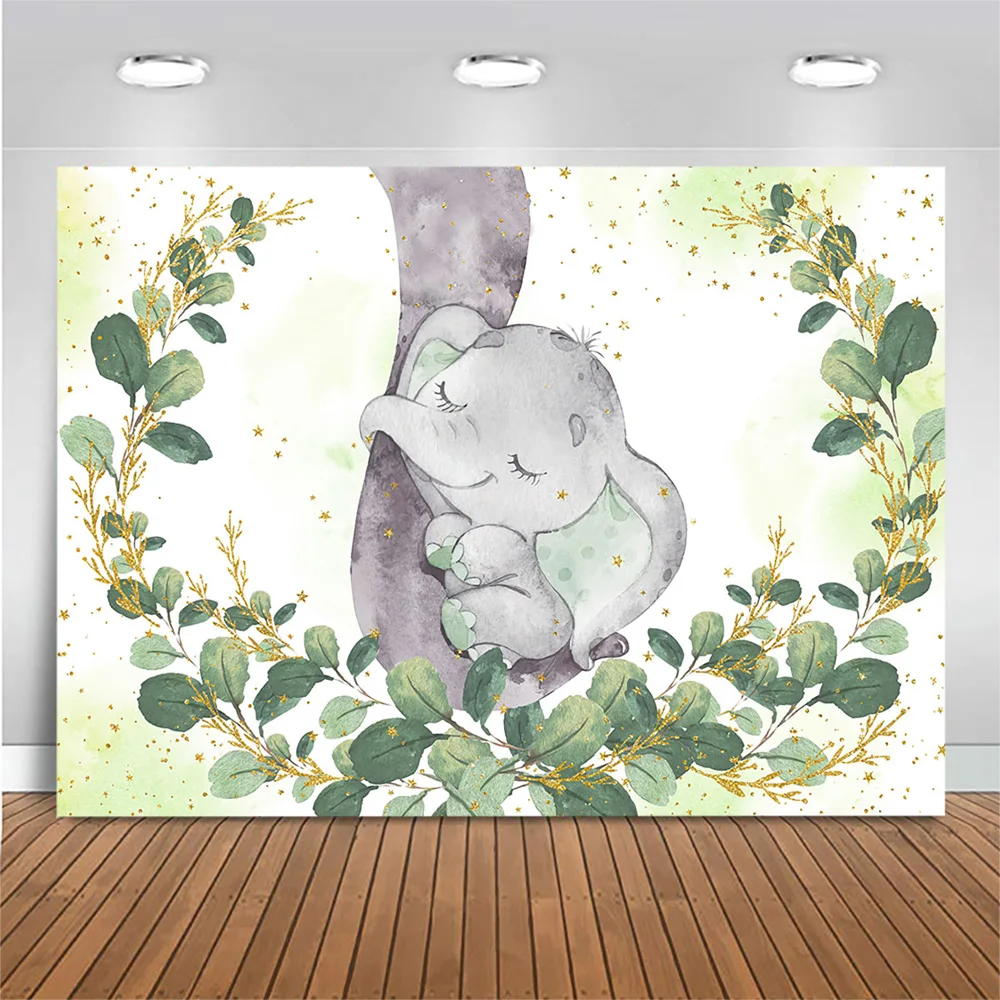 

Mocsicka Newborn Baby Shower Backdrop for Photography Cartoon Elephant Leaves Jungle Baptism Background Decoration Photo Studio