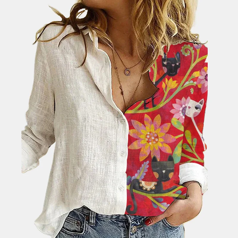 Vintage Women Patchwork Button Short Sleeve Blouse Summer Casual Loose Office Shirt Spring Femme 3XL Cats Printed Shirt Blusas